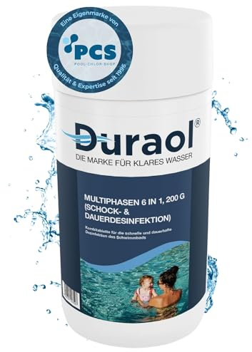 Duraol Chlor Multitabs 6 in 1 I 1 kg I 2 Phasen-Chlortabletten für Pool ab 30 m³ I 200 g Multitabs Pool zur Schockchlorung & Langzeit-Desinfektion I Pool Tabletten mit Klareffekt & Algenverhüter