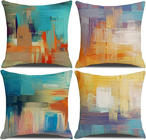 QUALKNOY Set of 4 Cushion Covers 18x18 Colour Dense Linen Modern Abstract Art Boho Decorative Throw Pillow cases 45 x 45cm for Sofa Living Room Garden Outdoor Home Decor Pillowcases