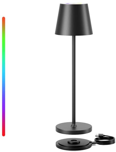 Keepoo Tischlampe Kabellos Dimmbare LED Akku Tischleuchte, Wiederaufladbar Warme Lichtfarbe 3000K+RGB Aluminium Outdoor Tischlampe wasserdicht für Restaurant,Schlafzimmer,Bar,IP54 (Schwarz 1 Stück)