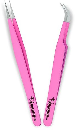 ZAMAHA UK Lash Eyelash Extension Tweezers, Japanese Stainless Steel Tools Boot Shape Curved 3D 4D 6D Angled Tip, Volume Tweezers Precision (Pink) ZUK-LT-2PCS-PBP1