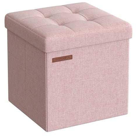 SONGMICS Sitzhocker mit Stauraum, kleine klappbare Sitzbank, 30 x 30 cm Fußbank, Aufbewahrungsbox, bis 130 kg belastbar, für Wohnzimmer Schlafzimmer Schlafsaal, pastellrosa LSF028R01