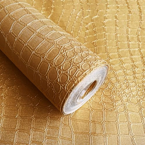 Gold Crocodile Textured 3D Luxury Wallpaper - 17.7'' x 236.3'' Waterproof Removable Art Deco Mural for Bedroom