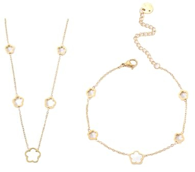 BKEPDY Blumenform Schmuckset Damen Halskette Armband Set 18k Vergoldet Perlmutt Anhänger Schmuck Für Frauen Elegantes Design Schmucksets Für Damen