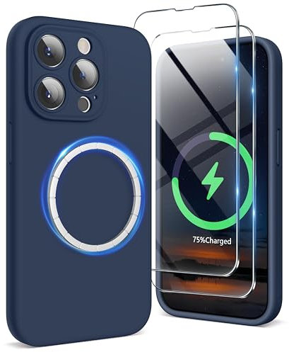 SURPHY Magnetic Case for iPhone 15 Pro Max Case with Screen Protector, Liquid Silicone Anti-Scratch Compatible with MagSafe Gel Rubber Phone Case for iPhone 15 Pro Max 6.7 inch, Storm Blue