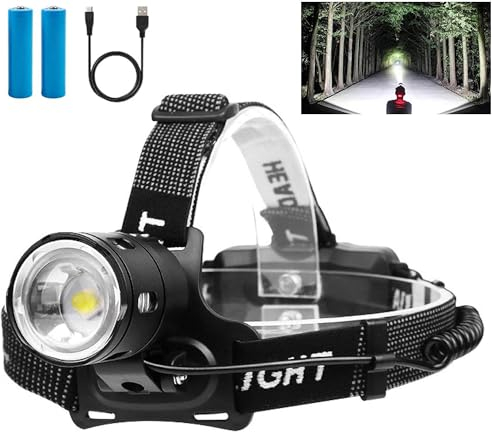 WHTOHY Powerful USB Rechargeable LED Head Torch, Super Bright 50,000 Lumens LED Head Torch, 3 Modes Variable Focus IP65 Waterproof XHP70 Headlamp for Camping, Fishing, Dog Walking, Running
