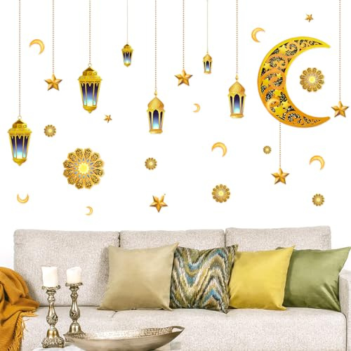Leonshco Ramadan Aufkleber Wanddekoration, Eid Mubarak Aufkleber-Wandkunst-Dekoration, Muslimischer Moschee Ramadan Dekoration Sticker, Geeignet für Wohnzimmer/Schlafzimmer/Zuhause, Wandaufkleber (A)