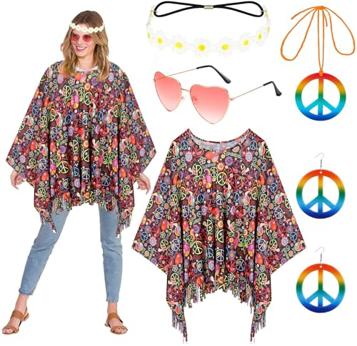 Mardi Gras Damen Umhang,70er Hippie Kostüm,Hippie Kostüm Damen,Hippie Umhang,70er-Hippie-Kleid-Kostüm,60er Kostüm Damen,Hippie Kleidung Damen,Karneval Kostüm Damen Hippie,Hippie Damen Poncho Set