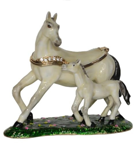 LiuliuBull Boîte à bibelots cheval blanc et bébé, récipient à bijoux en métal, décor de Figurines, porte-collier, cadeaux d'anniversaire