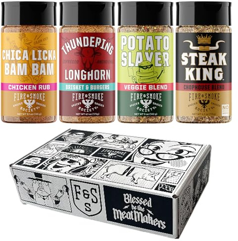 Fire & Smoke Society Meat & Potato Seasoning Set, BBQ Graters, BBQ Gifts for Men, Steak Graters, Chicken, Burger Condiments, Brisket Friction, Large Spice Set (4-Pack)