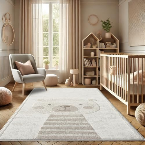 payé Teppich Kinderzimmer 160x230cm - Pastell Beige Creme - Kurzflor Spielteppich mit niedlichem Bär Motiv