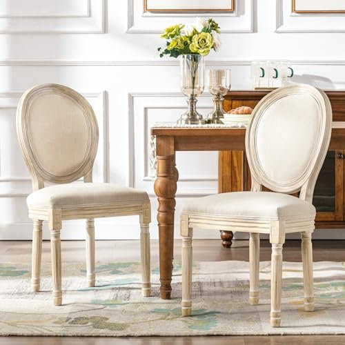 Matomn Esszimmerstühle 2er Set Barock Vintage Küchenstuhl im Leinen gepolsterter Stuhl mit runder Rückenlehne Holz für Esszimmer Küche Hotel Beige