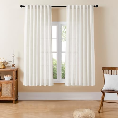 Joydeco Light Filtering Curtains 72 Inch Length for Bedroom, Linen Curtains 72 Inch Length 2 Panels Set for Living Room,White Semi Sheer Curtains 72 Inches Long with Rod Pockets