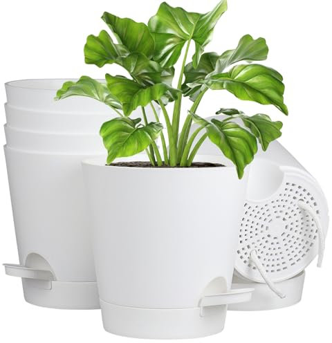 Homeuouz Lot de 6 pots de fleurs à arrosage automatique - 12,7 cm - Avec système d'irrigation - Avec soucoupe - Idéal pour l'intérieur et les jardins de balcon - Blanc