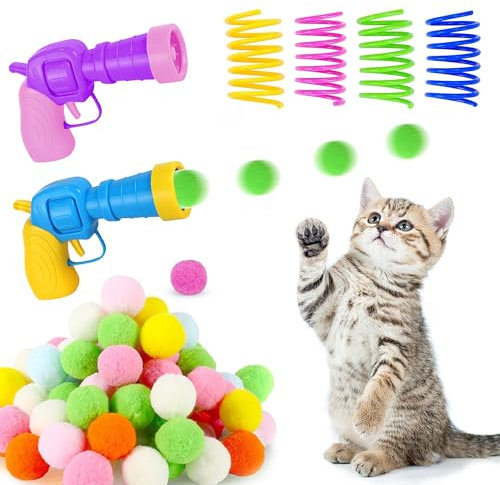 Aomaic Katzenspielzeug 2 Katzen Ball Launcher mit 100 Plush Ball und 4 Spirale Interaktives Katzenspielzeug für Katzen Selbstbeschäftigung Cat Toys