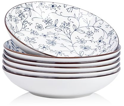 Swuut Ceramic 40oz Pasta Bowls Set of 6,9 inch Blue and White Large Salad Serving Bowl, Microwave and Oven Safe Dinner Dishes(Blue and White)