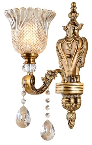 WayLuoung Vintage Floral Wandleuchte, 1 Kopf Kristallglasschirm Wandleuchte Retro-Goldene Bronzefarbe Dekoration Metall-Wandleuchte, Nachttisch Wohnzimmer Restaurant Treppen(E14 Sockel Ohne Glühbirne)