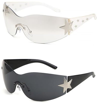 Shengxi 2 Stück Randlose Y2K Sonnenbrille, Trend Y2K Wrap Around Punk Sonnenbrille für Damen Herren Vintage Brille Y2K Accessoires für Sonnenschutz im Sommer Alltagskleidung (Schwarz,Transparent)
