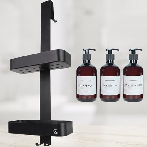 QOSI Duschablage zum Hängen mit 3x Shampoo Flaschen | Duschablage ohne Bohren | Duschregal mit 2 Duschkörben | Rostfreier Edelstahl | Duschgel Halterung | schwarz