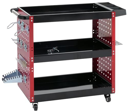 Mendler Werkzeugwagen HWC-M26, Rollwagen Werkstattwagen, Rollen Handgriff 3 Ladeflächen Lochraster, Stahl 73x90x35cm rot