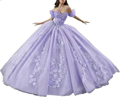 TSxuelian Vestido de fiesta para mujer, vestido de quinceañera, con apliques de flores, vestido de baile de 15 años, Lila, 40