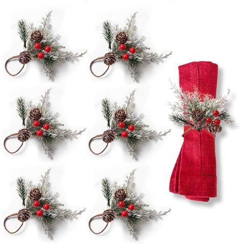 TIVUNORON 6 Stück Weihnachten Serviettenringe Set mit Tannenzapfen, Serviettenring Beeren Tannennadel, Weihnachts-Serviettenhalter mit Roten Beeren, für Hochzeit, Bankett, Urlaub Party Tischdekoration