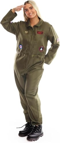 Ladies VE Day Pilot Aviator Costume - Green Jumpsuit with Military Patches - Womens Pilot TV Film Fancy Dress Costume