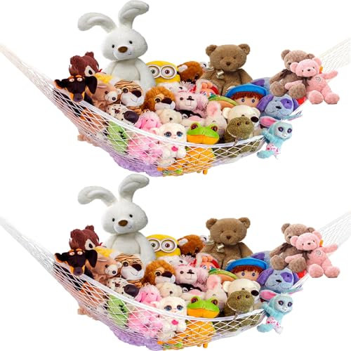 SHUESS 2 Stück Großes Kuscheltiernetz Hängematte für Flache Wandaufhängung Handgefertigtes Makramee Spielzeug Display Plüschtierhalter Kuscheltieraufbewahrung(weiß)