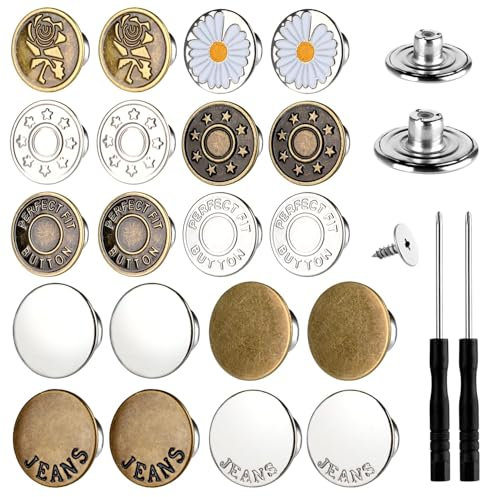 Lot de 60 boutons en métal sans couture pour jeans - 17 mm et 20 mm - 10 motifs réglables et réutilisables - Boutons de rechange instantanés avec rivets et tournevis pour loisirs créatifs et vêtements
