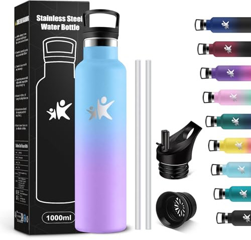 KollyKolla Thermosflasche 1L, Wasserflasche Kohlensäure Geeignet, Trinkflasche Edelstahl mit Strohhalm, Thermoskanne BPA-frei, Isolierflasche Auslaufsicher, für Büro, Camping, Fahrrad, Fitness