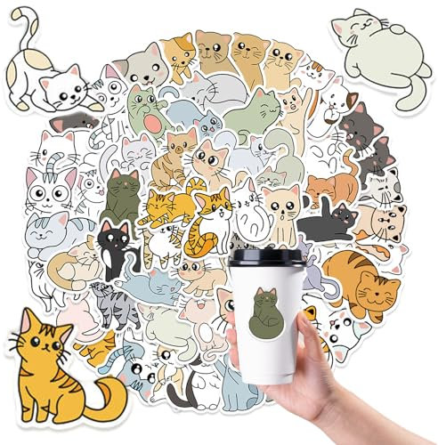 Kawaii Niedliche Katze Aufkleber Set, 50 Stück Lustige Katzen Sticker, Vinyl Aufkleber, Cartoon-Tieraufkleber, für Wasserflaschen, Gepäck, Skateboard, Becher für Jugendliche, Kinder, Erwachsene.