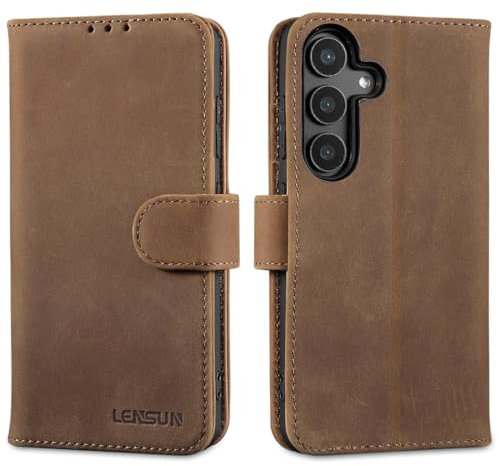 LENSUN Echtleder Handyhülle für Samsung Galaxy S25, Flip Hülle [Brieftasche][RFID Schutz][Standfunktion] Lederhülle Handytasche für Galaxy S25 - Vintage Dunkelbraun