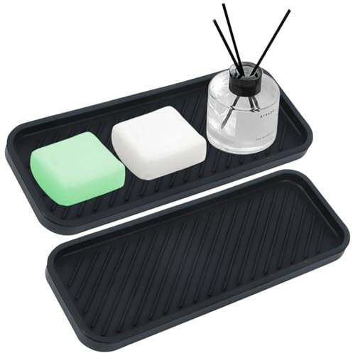 Silicone Sink Tray, Non-Slip Kitchen Sink Draining Mat for Drip Dish Sponge Soap Dispenser Scrubber, Portable Multi-Purpose Organizer for Bathroom, Counter, Dining Table, and Kitchen Storage, Black