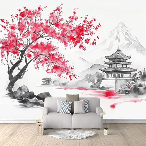 Aquarell-Stil Fototapete Schlafzimmer Japanische Kirschblüten Tempel und Berge -Wanddeko, Wandbild, Wandtapete - Selbstklebend Wanddekoration - 150 x 105 cm Vlies Tapete Schlafzimmer TV-Hintergrund