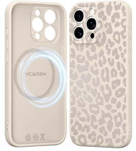 Saqmkil Handyhülle für iPhone 15 Pro Max Hülle für Magsafe Leopard Muster | Aesthetic Beige Leo Motiv Mädchen Design Magnetische Case, Weich Flüssigem Silikon Stoßfeste Schutzhülle Cover 6,7