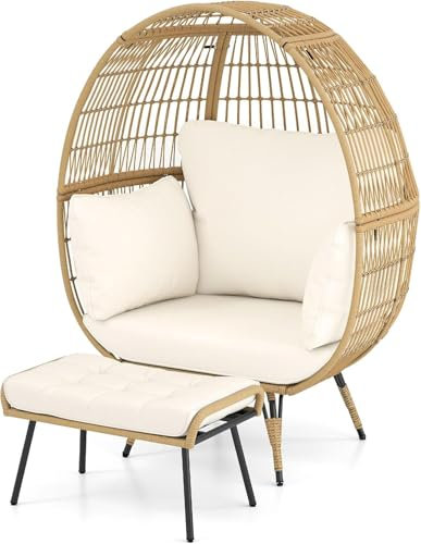 GIANTEX Loungesessel Outdoor, Rattan Gartensessel, Korbsessel mit Hocker, Papasansessel Outdoor mit Kissen, Rattansessel Balkon Sessel mit Metallgestell, Outdoorsessel XXL für Balkon Garten Terrasse