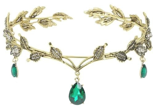 ZYEKIU Elfen Kopfschmuck Elfenkrone Retro Crystal Crown Antike Bronze | Elfen Krone Einstellbar Kopfschmuck mit Blättern für Cosplay Hochzeit Party Renaissance Festival Weihnachten Geburtstag