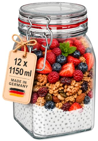 WELLGRO Einmachgläser mit Bügelverschluss eckig, Fermentierglas, Vorratsgläser mit Deckel, Bügelglas - Gläser mit Deckel Made in Germany (1150ml x 12 Stück)