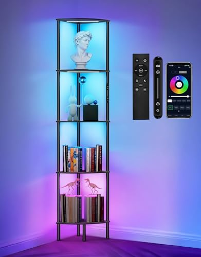 OUTONLIFE RGB LED Stehlampe mit Regal, Dimmbares Eckregal mit Licht, Touch & APP & Fernbedienung, Musik-Sync, Mehrfarbige Beleuchtung, 5-Ebenen Bücherregal für Wohnzimmer Schlafzimmer Büro