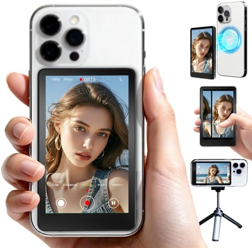 FOOING 4K Wireless Selfie Monitor Screen for iPhone – Touch Display, 2.4G/5G Wi-Fi + Bluetooth 5.2, Magnetic Back Camera Monitor, 33ft Remote, Built-In Speaker & 4hr Battery
