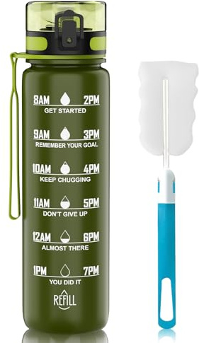 QIVORO 1-liter water bottle, made of BPA-free Tritan material, capacity 1 liter, with time markings, suitable for gym, outdoor activities, and campus use (Green).