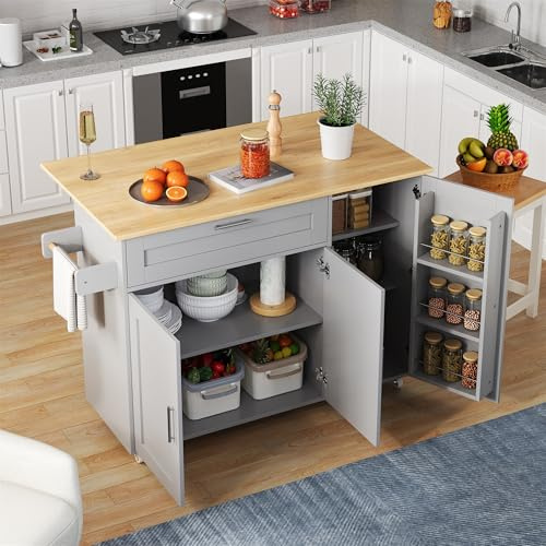 Oxtao Mesa de cocina con superficie de trabajo plegable, isla de cocina móvil, carrito de servir con ruedas, toallero y estante para especias, adecuada para cocina/comedor/casa (gris-A, 132,5 x 70,5 x