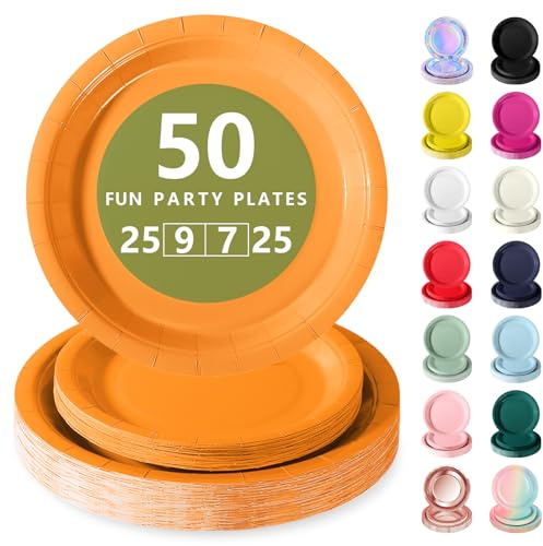 Nkaiso Platos Desechable, 50 Piezas Naranja Vajilla de Fiesta Set -25x 23cm & 25 x 18cm Platos de Carton, legante y Resistente para Bodas, Cumpleaños y Eventos