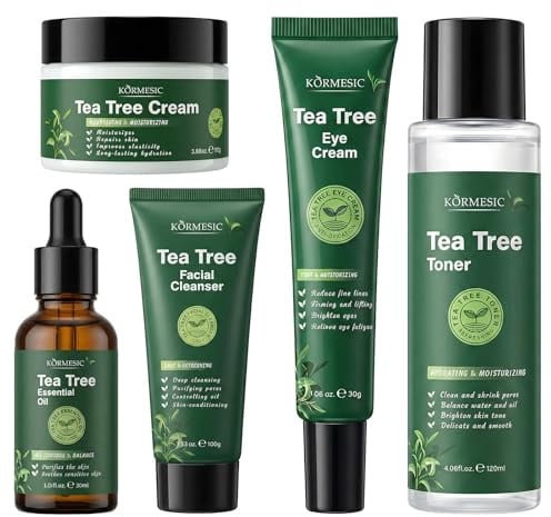 Teebaum Gesichtspflege Set 5 Stück, Anti Pickel Skincare Set, Ölkontrolle | Set mit Cleanser, Toner, Creme, Augencreme, Åtherische Öle, Gesicht Reinigung & Pflege, Euchtigkeit, Bekämpft Akne
