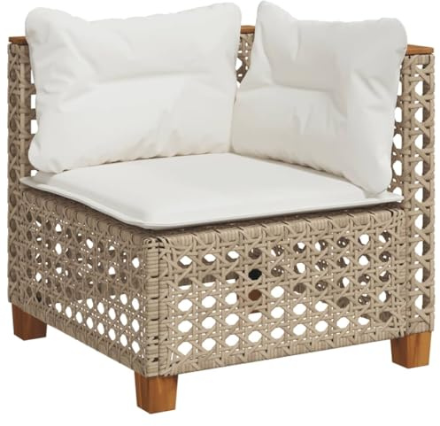 Foknhdi Gartensofa Beige 63,5x63,5 cm aus Polyrattan und Akazienholz Modernes Design mit Cremeweißen Kissen UV-beständig und leicht für kleine Balkone und Lounge im Garten