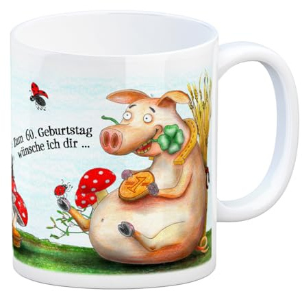 Viel Glück zum 60. Geburtstag Kaffeebecher - Glücksklee, Schwein, Kaminfeger, Glücksbringer, Klee, Marienkäfer und Hufeisen.
