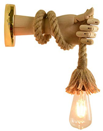 HYKISS Vintage Hanfseil Wandleuchte, Kreative Holz Hand Design Wandlampe, Rustikal Wandleuchte für Wohnzimmer, Beige, Gelb
