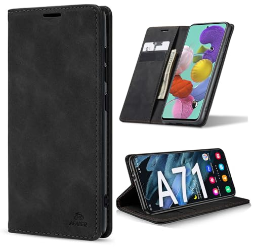 AFARER Handyhülle für Samsung Galaxy A71, mit Magnetverschluss klapphülle, Brieftasche Klappbar Ledertasche Leather Wallet case Stoßfest Schutz mit Kartenhalter,Klappständer Ständer - Schwarz