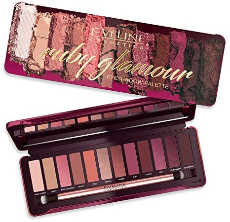 Eveline Cosmetics Ruby Glamour Palette Ombretti - 12 Tonalità Ispirate ai Gioielli Preziosi, Finiture Matte e Metalliche con Pennello Doppio