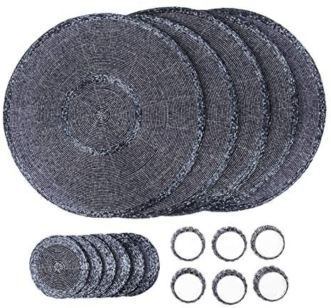 Penguin Home® Platzsets, Untersetzer und Serviettenringe mit Glasperlen – Grau und Anthrazit – runde Tischsets – handgefertigt von erfahrenen indischen Kunsthandwerkern – Durchmesser – 32 cm