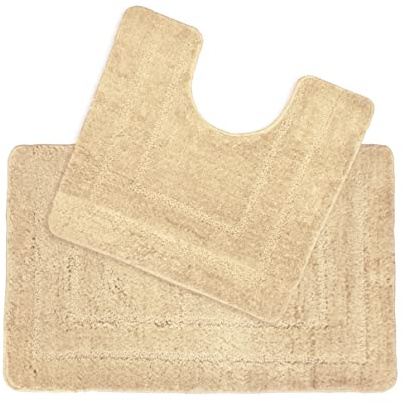 Allure Non Slip Bath Mat Set 2 Piece Bath and Toilet Mat Set - Easy Care Super Soft Microfibre Pile (Beige)